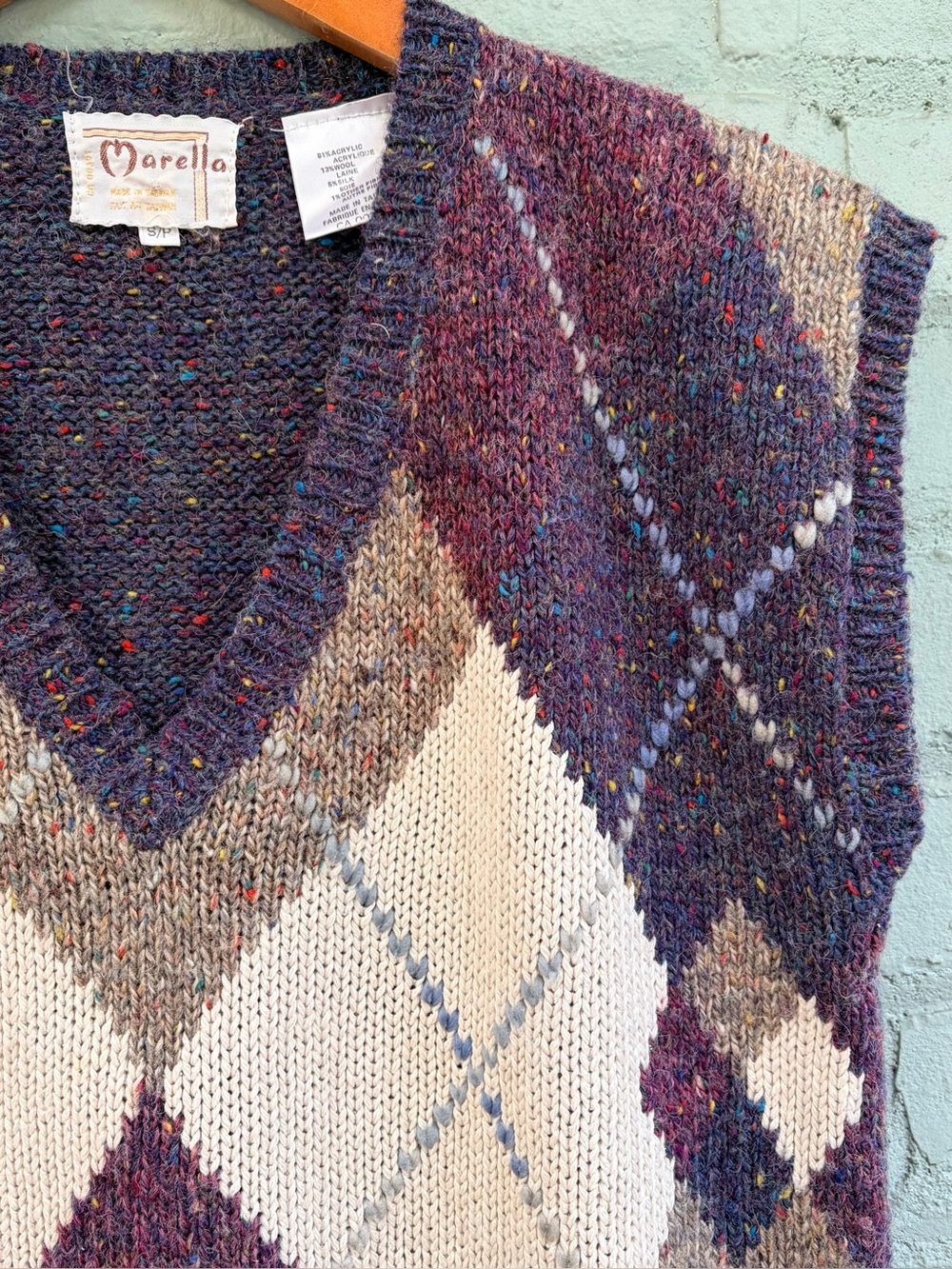 Vintage Argyle V-Neck Sweater Vest in Purple & Cream - Picture 2 of 7